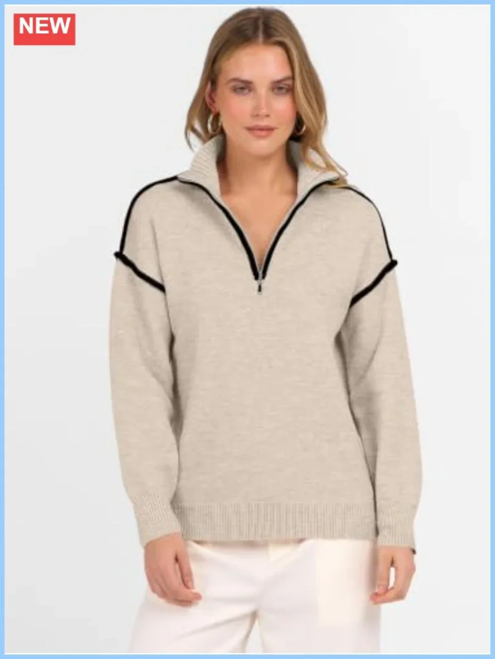 ANRABESS Women's Quarter Zip Knit V-Neck Collared Pullover Sweater